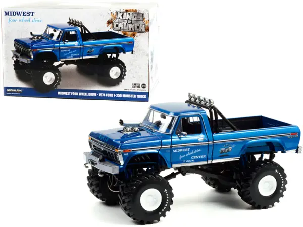 1974 Ford F-250 Ranger XLT Monster Truck with 48-Inch Tires Blue Metallic "Midwest Four Wheel Drive Center" "Kings of Crunch" Series 1/18 Diecast Model Car by Greenlight #1