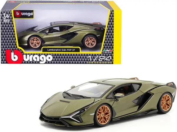 Lamborghini Sian FKP 37 Matt Green Metallic with Copper Wheels 1/24 Diecast Model Car by Bburago #1
