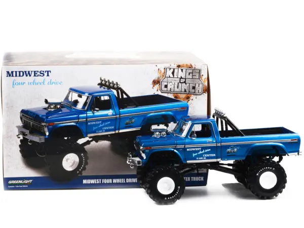 1974 Ford F-250 Ranger XLT Monster Truck with 48-Inch Tires Blue Metallic "Midwest Four Wheel Drive Center" "Kings of Crunch" Series 1/18 Diecast Model Car by Greenlight #3