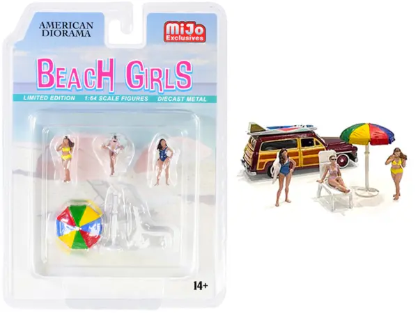 "Beach Girls" 5 piece Diecast Set (3 Figurines 1 Beach Chaise and 1 Beach Umbrella) for 1/64 Scale Models by American Diorama #1