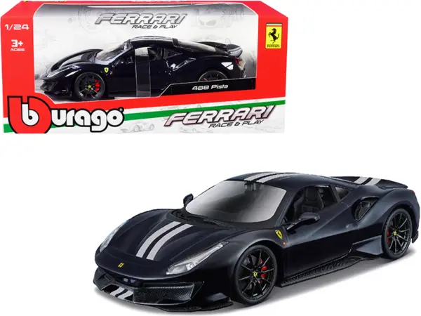 Ferrari 488 Pista Dark Blue Metallic with Silver Stripes 1/24 Diecast Model Car by Bburago #1