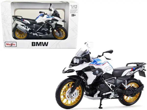 BMW R1250 GS White with Blue and Red Stripes 1/12 Diecast Motorcycle Model by Maisto #1