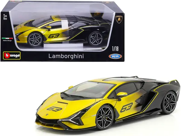 Lamborghini Sian FKP 37 #63 Yellow Metallic and Black 1/18 Diecast Model Car by Bburago #1