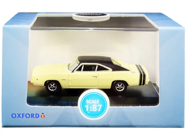 1968 Dodge Charger Light Yellow with Black Top and Black Stripes 1/87 (HO) Scale Diecast Model Car by Oxford Diecast #1