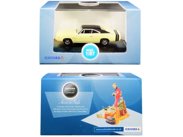 1968 Dodge Charger Light Yellow with Black Top and Black Stripes 1/87 (HO) Scale Diecast Model Car by Oxford Diecast #3