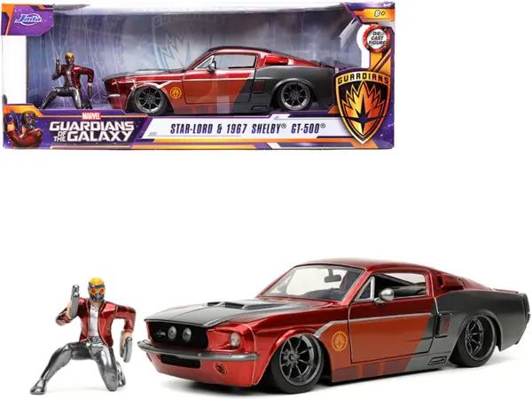 1967 Ford Mustang Shelby GT-500 Red Metallic and Gray Metallic with Star-Lord Diecast Figurine "Guardians of the Galaxy" "Marvel" Series 1/24 Diecast Model Car by Jada #1
