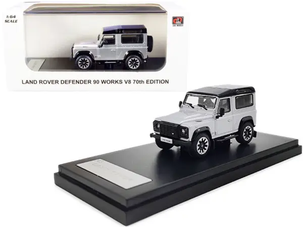 Land Rover Defender 90 Works V8 Silver Metallic with Black Top "70th Edition" 1/64 Diecast Model Car by LCD Models #1