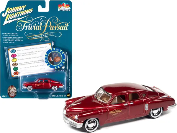1948 Tucker Torpedo Red Maroon Metallic "Tucker: The Man and His Dream" (1988) Movie with Poker Chip (Collector Token) and Game Card "Trivial Pursuit" "Pop Culture" Series 3 1/64 Diecast Model Car by Johnny Lightning #1