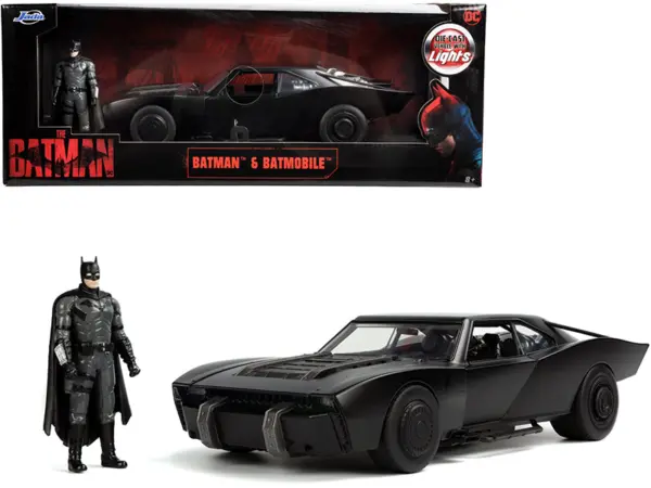 Batmobile Matt Black with Lights with Batman Diecast Figurine "The Batman" (2022) Movie "DC Comics" 1/18 Diecast Model Car by Jada #1