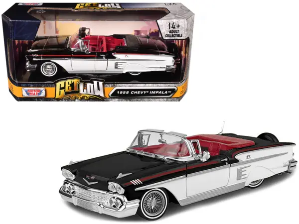 1958 Chevrolet Impala Convertible Lowrider Black and White with Red Interior "Get Low" Series 1/24 Diecast Model Car by Motormax #1