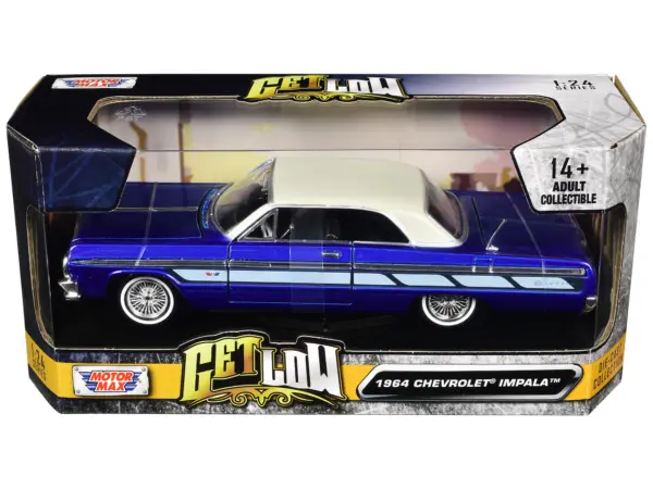 1964 Chevrolet Impala Lowrider Hard Top Candy Blue Metallic with Cream Top "Get Low" Series 1/24 Diecast Model Car by Motormax #3