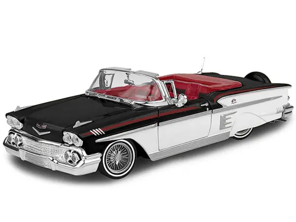 1958 Chevrolet Impala Convertible Lowrider Black and White with Red Interior "Get Low" Series 1/24 Diecast Model Car by Motormax #2