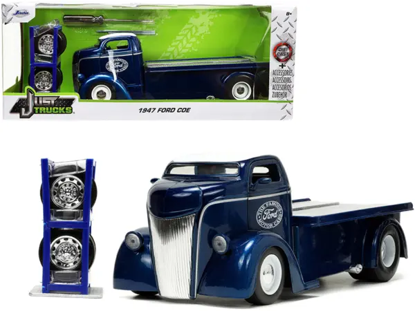1947 Ford COE Flatbed Truck Dark Blue Metallic with White Top "The Famous Motor Cars" with Extra Wheels "Just Trucks" Series 1/24 Diecast Model by Jada #1