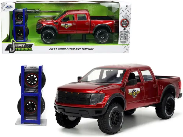 2011 Ford F-150 SVT Raptor Pickup Truck Candy Red Metallic "Mickey Thompson Tires & Wheels" with Extra Wheels "Just Trucks" Series 1/24 Diecast Model Car by Jada #1