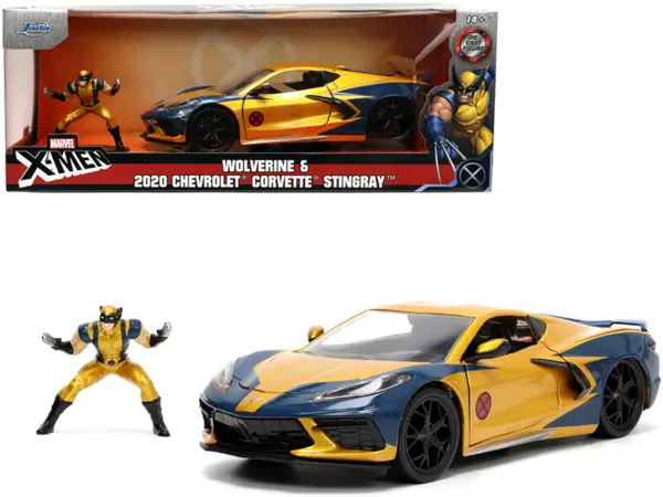 2020 Chevrolet Corvette C8 Stingray Gold Metallic and Dark Blue and Wolverine Diecast Figurine "X-Men" "Marvel" Series "Hollywood Rides" 1/24 Diecast Model Car by Jada #1