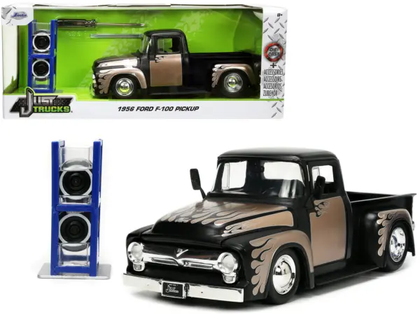 1956 Ford F-100 Pickup Truck Matt Black and Champagne with Flames with Extra Wheels "Just Trucks" Series 1/24 Diecast Model Car by Jada #1