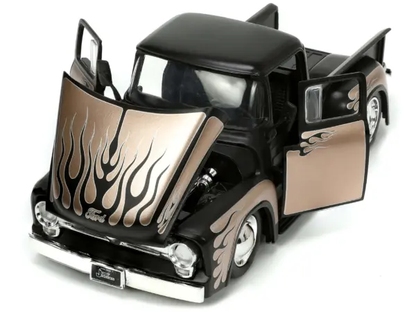 1956 Ford F-100 Pickup Truck Matt Black and Champagne with Flames with Extra Wheels "Just Trucks" Series 1/24 Diecast Model Car by Jada #2