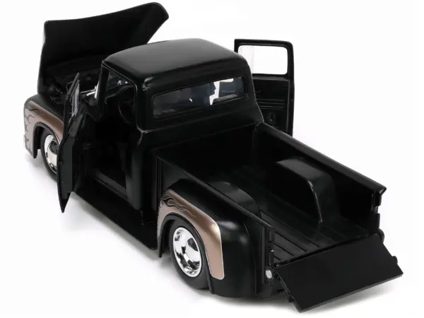1956 Ford F-100 Pickup Truck Matt Black and Champagne with Flames with Extra Wheels "Just Trucks" Series 1/24 Diecast Model Car by Jada #3
