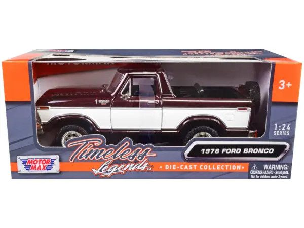 1978 Ford Bronco Ranger XLT (Open Top) with Spare Tire Burgundy Metallic and White "Timeless Legends" Series 1/24 Diecast Model Car by Motormax #1
