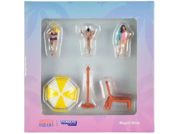 "Beach Girls" 5 piece Diecast Figure Set (3 Female Figures and 2 Beach Accessories) for 1/64 Scale Models by Tarmac Works & American Diorama #1