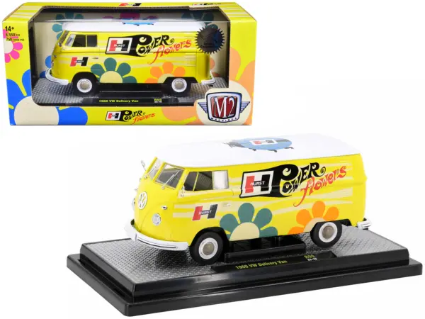 1960 Volkswagen Delivery Van Yellow with Bright White Top and Flower Graphics "Hurst Power Flowers" Limited Edition to 6550 pieces Worldwide 1/24 Diecast Model Car by M2 Machines #1