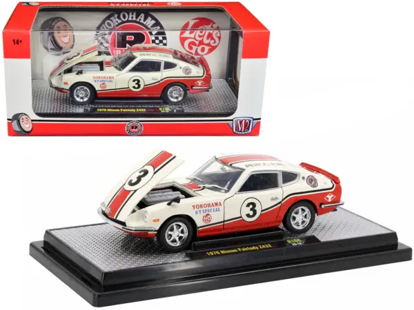 1970 Nissan Fairlady Z 432 RHD (Right Hand Drive) #3 Wimbledon White with Red and Black Stripes "Yokohama GT Special" Limited Edition to 5250 pieces Worldwide 1/24 Diecast Model Car by M2 Machines #1