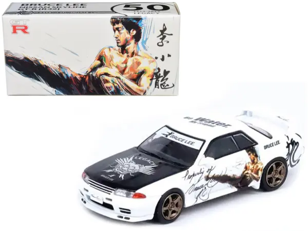 Nissan Skyline GT-R (R32) RHD (Right Hand Drive) White with Black Hood "Bruce Lee Legacy 50 Year Anniversary" 1/64 Diecast Model Car by Inno Models #1