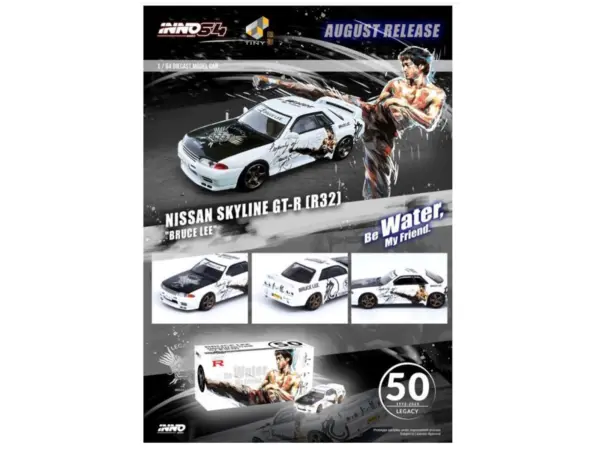 Nissan Skyline GT-R (R32) RHD (Right Hand Drive) White with Black Hood "Bruce Lee Legacy 50 Year Anniversary" 1/64 Diecast Model Car by Inno Models #3