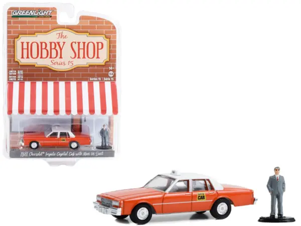 1981 Chevrolet Impala "Capitol Cab" Taxi Orange with White Top and Man in Suit Figure "The Hobby Shop" Series 15 1/64 Diecast Model Car by Greenlight #1