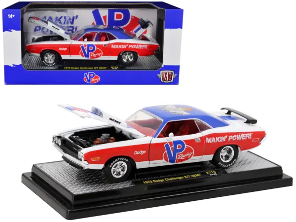 1970 Dodge Challenger R/T Hemi White with Red and Blue Stripes with Red Interior "VP Racing" Limited Edition to 5710 pieces Worldwide 1/24 Diecast Model Car by M2 Machines #1