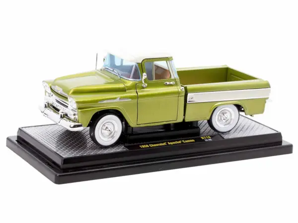 1958 Chevrolet Apache Cameo Pickup Truck Olive Green Metallic with Wimbledon White Top Limited Edition to 6250 pieces Worldwide 1/24 Diecast Model Car by M2 Machines #2