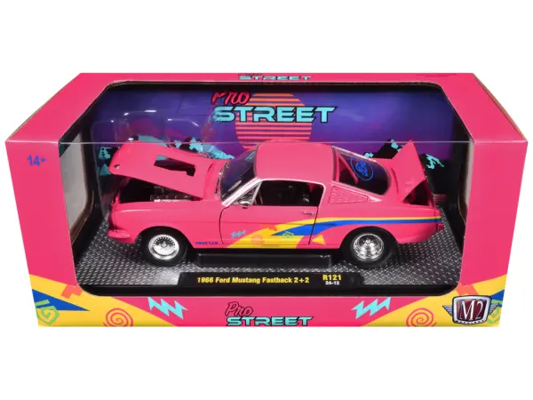 1966 Ford Mustang Fastback 2+2 Pink with Blue and Yellow Stripes "Pro Street" Limited Edition to 6250 pieces Worldwide 1/24 Diecast Model Car by M2 Machines #3
