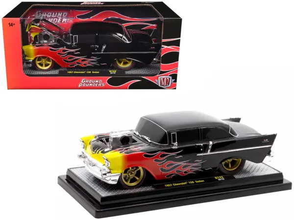 1957 Chevrolet 150 Sedan Black with Flames Graphics Limited Edition to 4250 pieces Worldwide 1/24 Diecast Model Car by M2 Machines #1