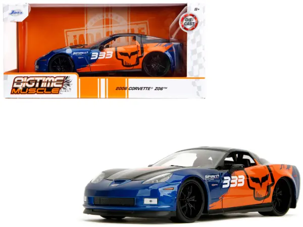 2006 Chevrolet Corvette Z06 #333 "Spirit Racing" Blue Metallic and Orange with Black Hood and Top "Bigtime Muscle" Series 1/24 Diecast Model Car by Jada #1