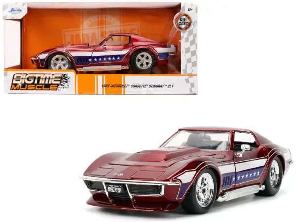 1969 Chevrolet Corvette Stingray ZL1 Red Metallic with Stars and Stripes Graphics "Bigtime Muscle" Series 1/24 Diecast Model Car by Jada #1