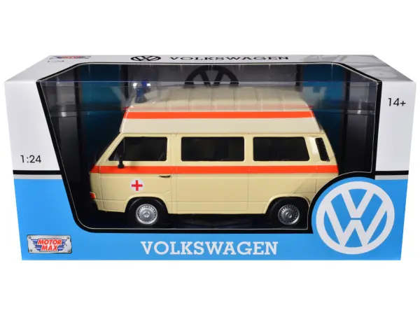 Volkswagen Type 2 (T3) High Roof Ambulance Cream with Orange Stripes 1/24 Diecast Model Car by Motormax #1