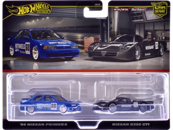 1994 Nissan Primera RHD (Right Hand Drive) #68 Blue and Nissan R390 GT1 #23 Matt Black "Car Culture" Set of 2 Cars Diecast Model Cars by Hot Wheels #1