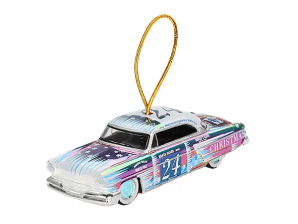 1954 Lincoln Capri "Christmas Hot Rod 2024 Edition by Tim Sadchikov" #24 Blue Metallic with Christmas Graphics and Lincoln Capri Tree Ornament Limited Edition to 9999 pieces Worldwide 1/64 Diecast Model Car by Mini GT #5