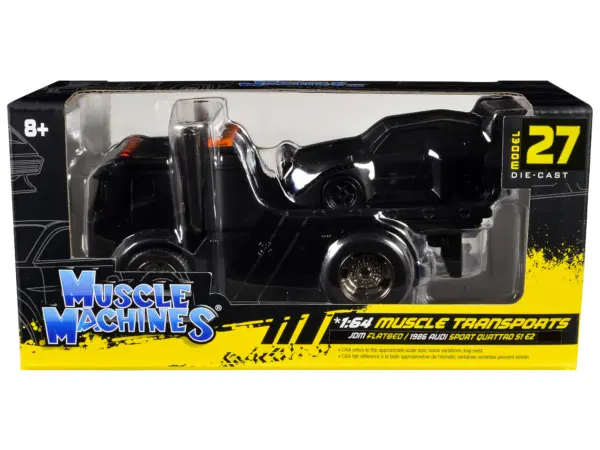 JDM Flatbed Truck Matt Black and 1986 Audi Sport Quattro S1 E2 Matt Black "Muscle Transports" Series 1/64 Diecast Models by Muscle Machines #1