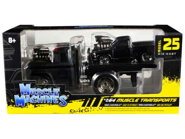 1966 Chevrolet C60 Flatbed Truck Matt Black and 1993 Chevrolet 454 SS Pickup Truck Matt Black "Muscle Transports" Series 1/64 Diecast Models by Muscle Machines #1