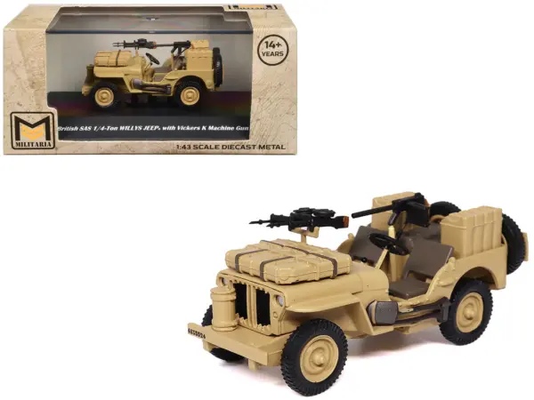 British SAS 1/4-Ton Willys Jeep with Vickers K Machine Gun Desert Sand "British Royal Army" 1/43 Diecast Model by Militaria Die Cast #1