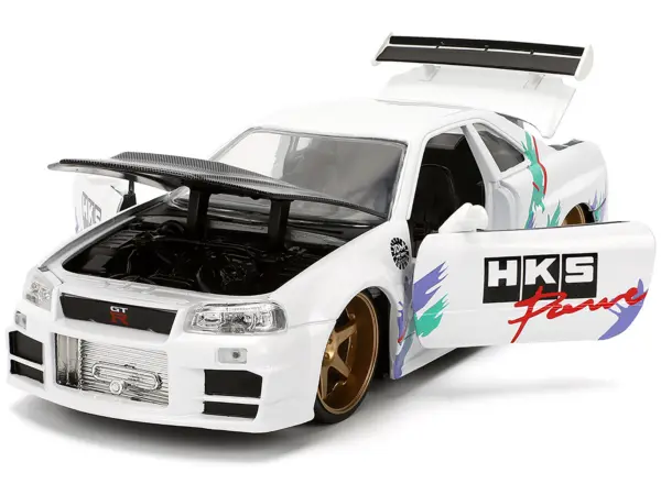 2002 Nissan Skyline GT-R (R34) RHD (Right Hand Drive) "HKS Power" White with Carbon Hood and Graphics "JDM Tuners" Series 1/24 Diecast Model Car by Jada #2