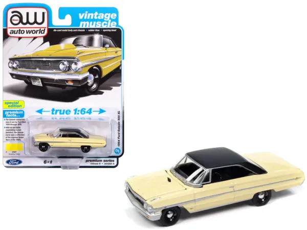 1964 Ford Galaxie 500 XL Sunshine Yellow with Black Top "Vintage Muscle" Series 1/64 Diecast Model Car by Auto World #1