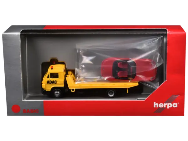Flatbed Tow Truck "ADAC" Yellow and BMW Z4 Convertible Red Set of 2 pieces 1/87 (HO) Plastic Model Cars by Promotex #3