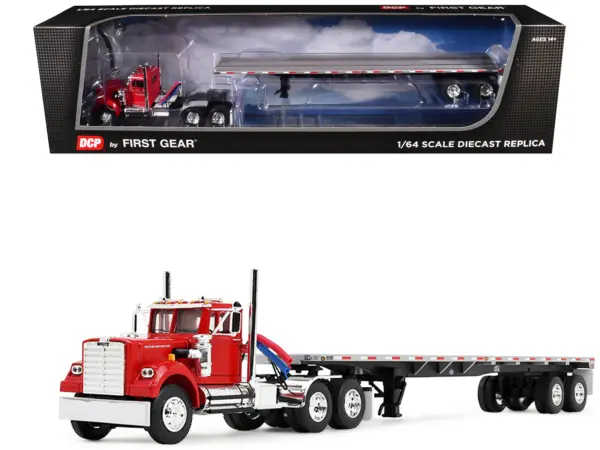 White Western Star 4900 Day Cab with 48’ Utility Flatbed Trailer Viper Red 1/64 Diecast Model by DCP/First Gear #1
