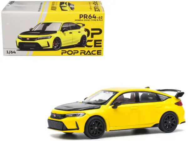 Honda Civic Type R FL5 Yellow with Carbon Hood 1/64 Diecast Model Car by Pop Race #1
