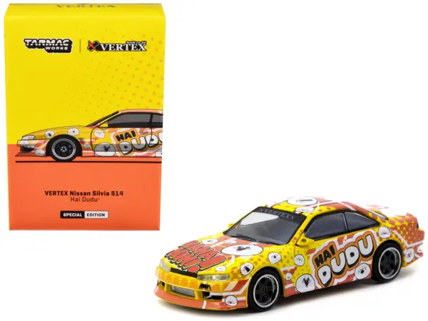 Nissan Silvia (S14) Vertex RHD (Right Hand Drive) "Hai Dudu - IMX Special Edition" Yellow and Orange with Graphics "Global64" Series 1/64 Diecast Model by Tarmac Works #1