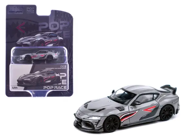 Toyota Supra "DarwinPro 66G NWB" Gray Metallic with Shark Mouth Graphics 1/64 Diecast Model Car by Pop Race #1