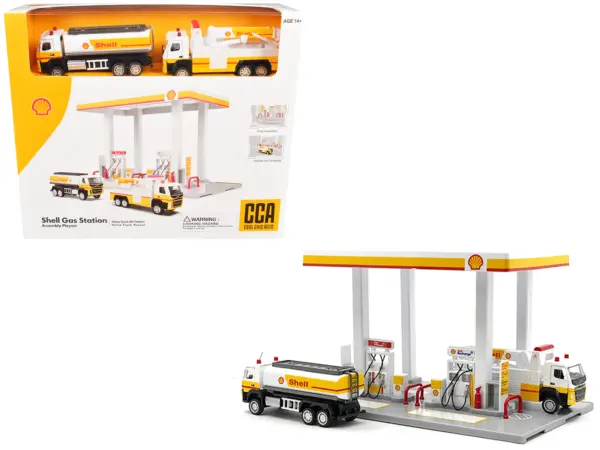 Shell Gas Station Playset with Volvo Oil Tanker and Volvo Tow Truck Diorama Set #1