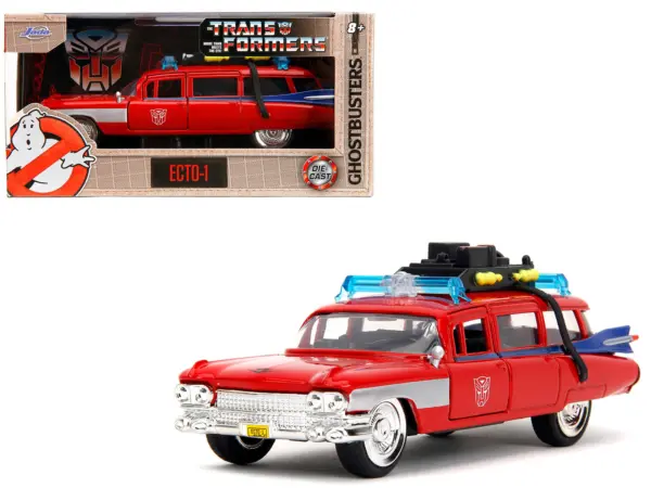 1959 Cadillac Ambulance Ecto-1 Red "Transformers" TV Series - "Ghostbusters" (1984) Movie Crossover "Hollywood Rides" Series 1/32 Diecast Model Car by Jada #1